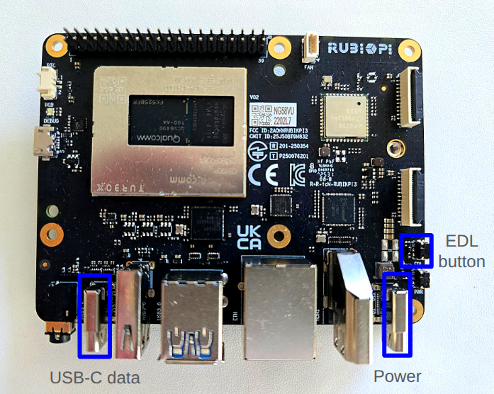 A photo of the RUBIK Pi 3 highlighting the important components to enter EDL mode