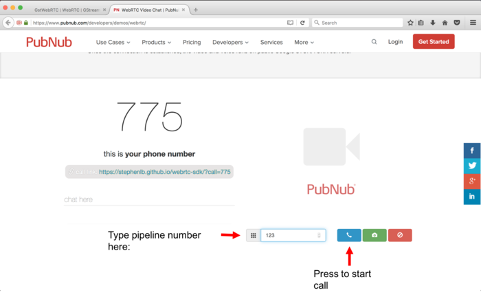 Establish a WebRTC call with https://www.pubnub.com/developers/demos/webrtc/