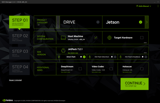 Figure 1: NVIDIA SDK Manager Development Environment Setup: Main Screen
